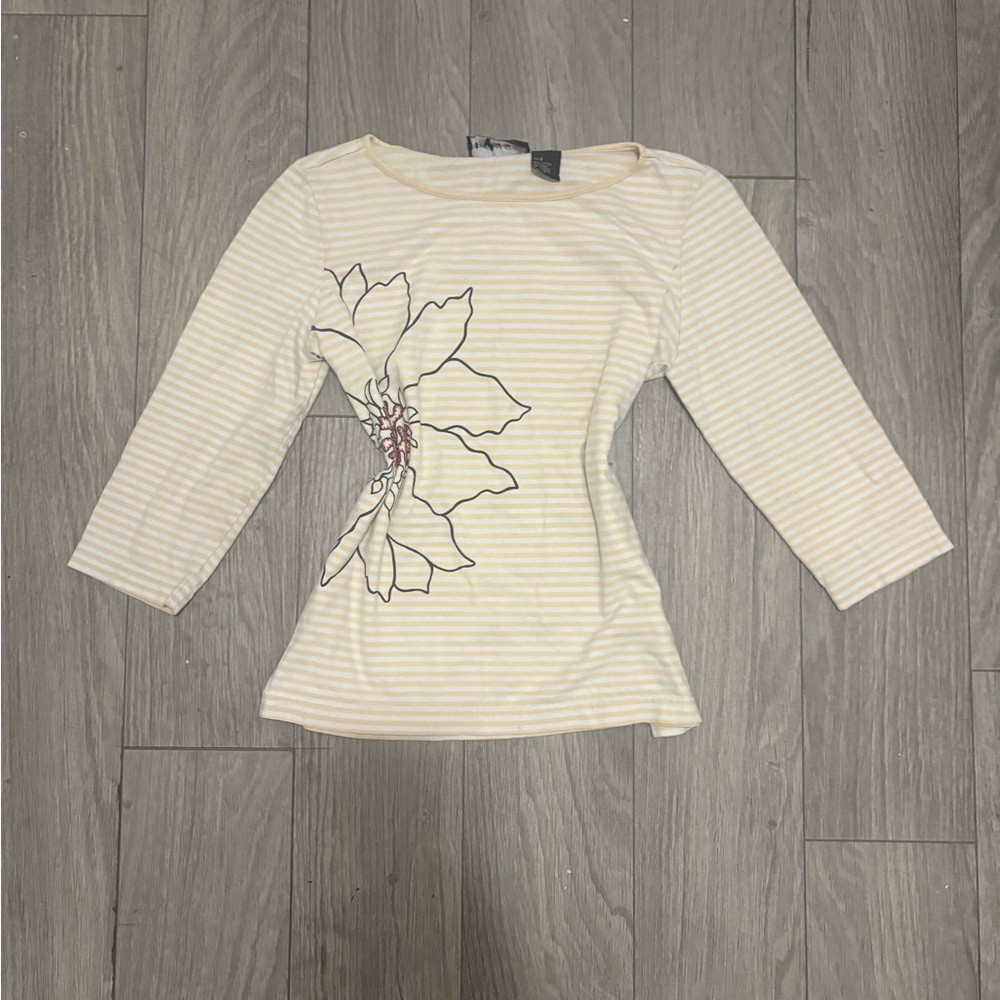 Women's Cream Striped Floral-Print Long Sleeve Top